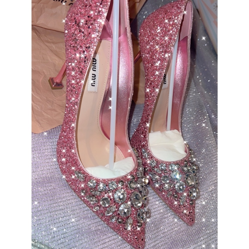 Mui Mui Pink New Glitter Crystal Embellished Pointed Pumps - Picture 1 of 8
